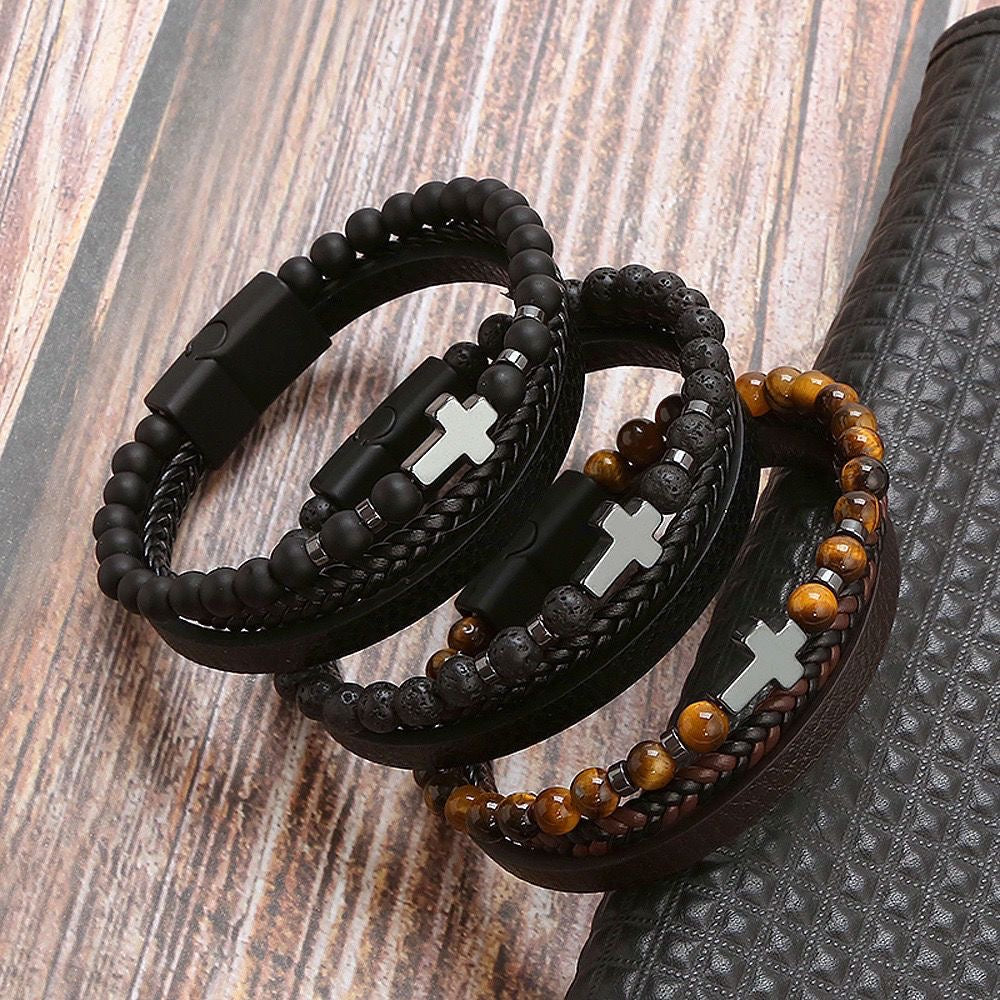 Mountain Spirit Men's Beaded Bracelet   Handcrafted Stone & Steel Strength woven Bracelet Easter Birthday Christmas Bracelet