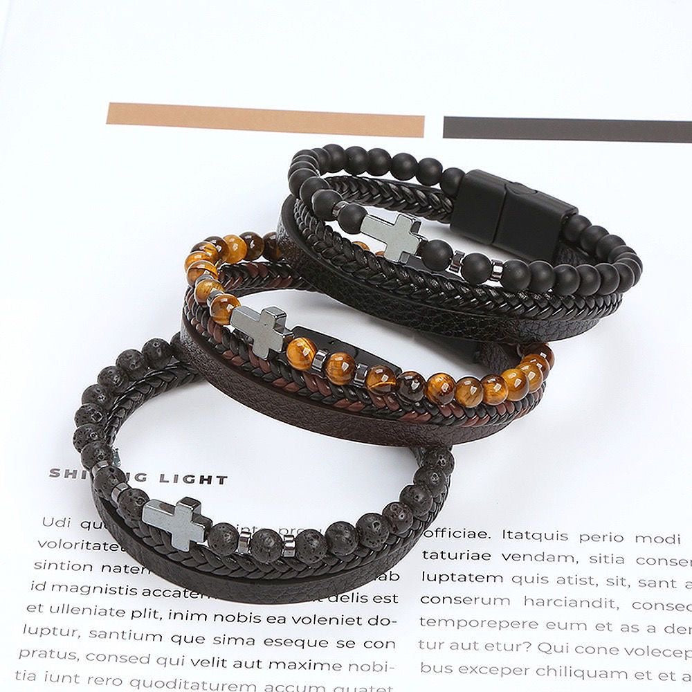 Mountain Spirit Men's Beaded Bracelet   Handcrafted Stone & Steel Strength woven Bracelet Easter Birthday Christmas Bracelet