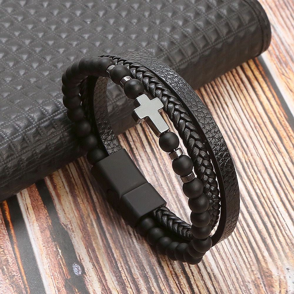 Mountain Spirit Men's Beaded Bracelet   Handcrafted Stone & Steel Strength woven Bracelet Easter Birthday Christmas Bracelet