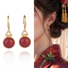 Vintage-Style Ruby Dangle Earrings with Auspicious Cloud Design Spiritual Energy Prosperity Charm