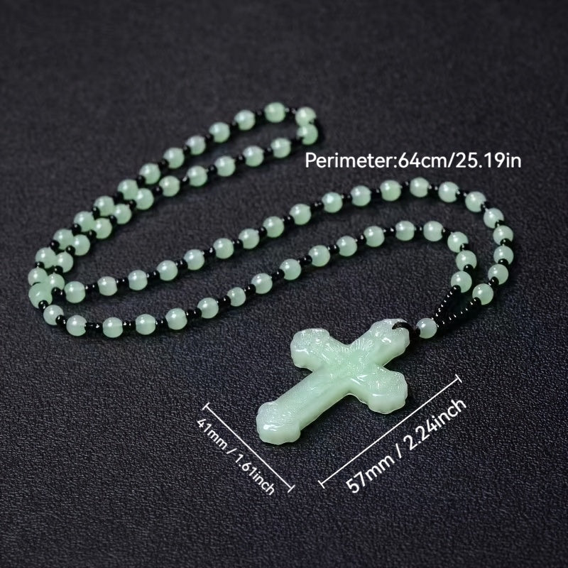 Light Green Retro Cross Pendant Necklace: Minimalist Fashion with Spiritual Protection for Earth Day & Family Celebrations