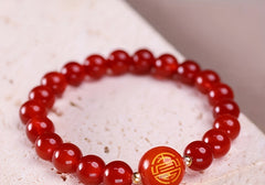 1pc Perfect Gifting Choice Red Agate Bracelet - 8-9mm Beads with Elastic Cord - Fortune & Joy Style for Daily Wear