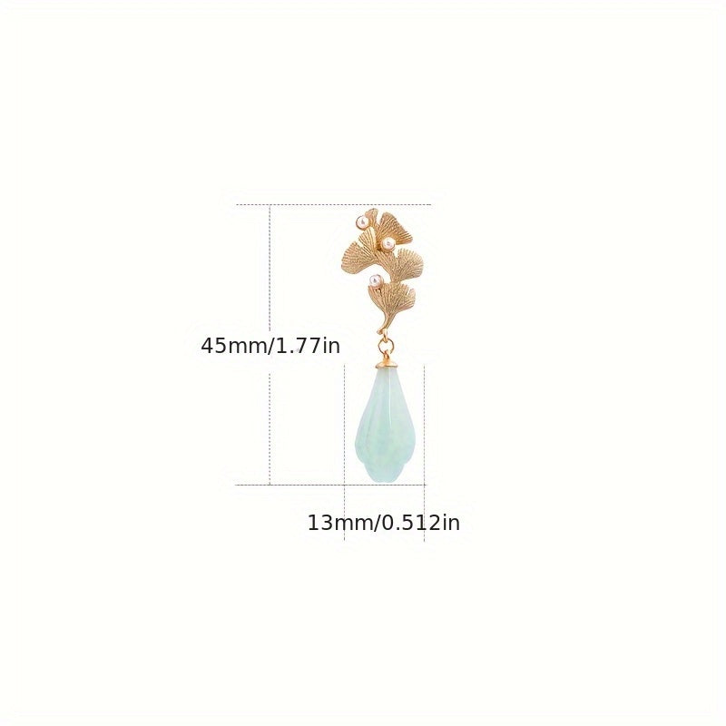 Gold-plated Ginkgo Leaf Dangle Earrings with Pearl & Imitation Jade - Harmony & Prosperity Energy for Daily Wear