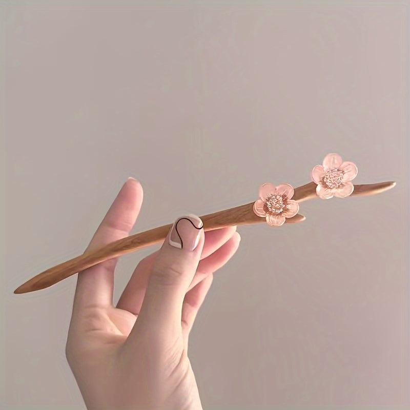 Elegant Vintage Mahogany Blossom Hairpin - Chinese Style Floral Hair Clip with Pink Blossoms & Green Leaves for Weddings & Daily Use