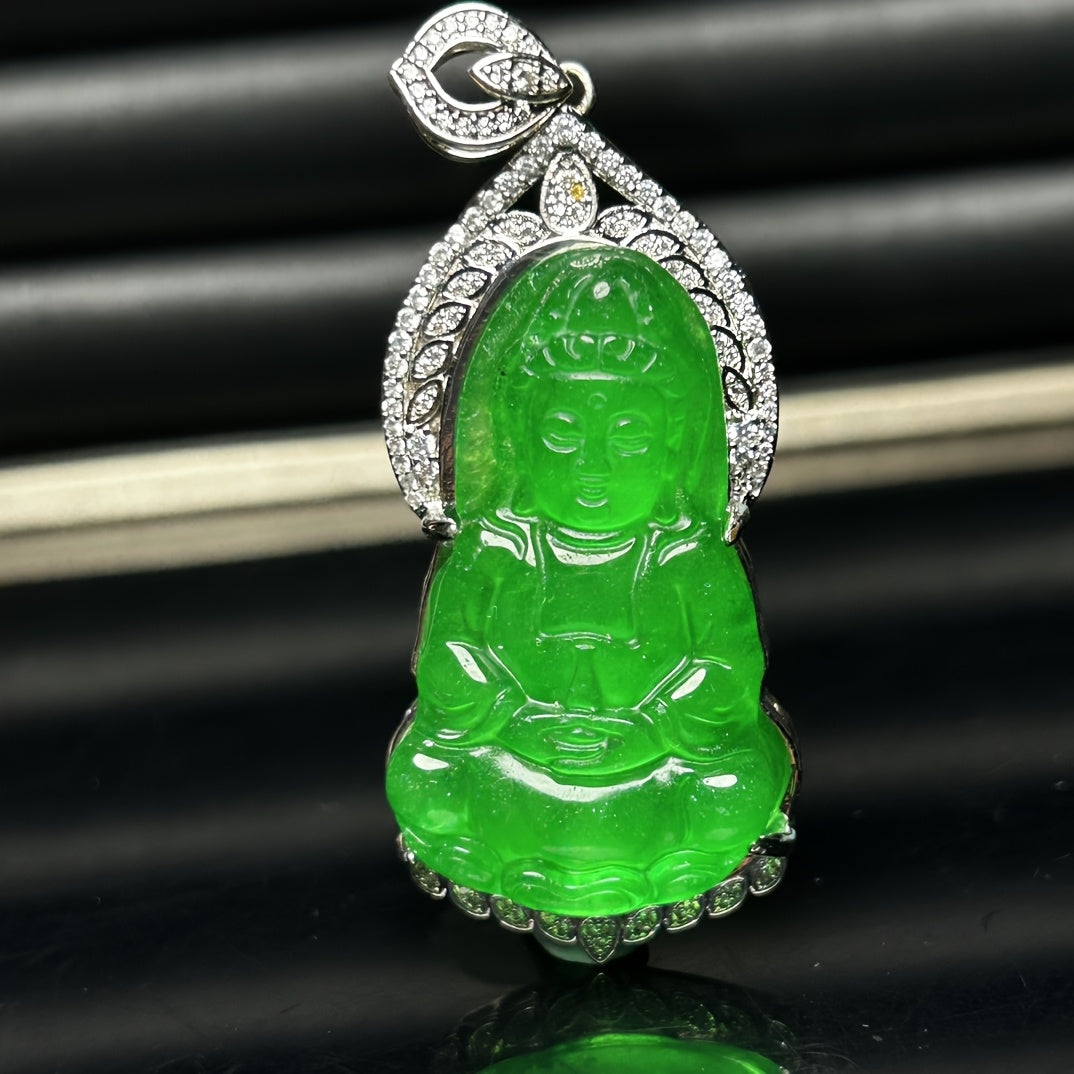 Emperor Green Guanyin Jade Pendant Necklace for Heart Chakra, Compassion, and Spiritual Protection