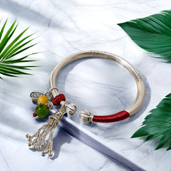 Handcrafted Sterling Silver Energy Bangle — Harmony, Protection & Prosperity with Jade & Agate Charms