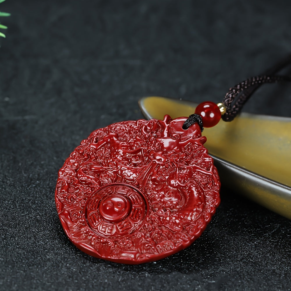 Protective Cinnabar Dragon Amulet Necklace for Men, High-Content Red Cinnabar Pendant with Bagua