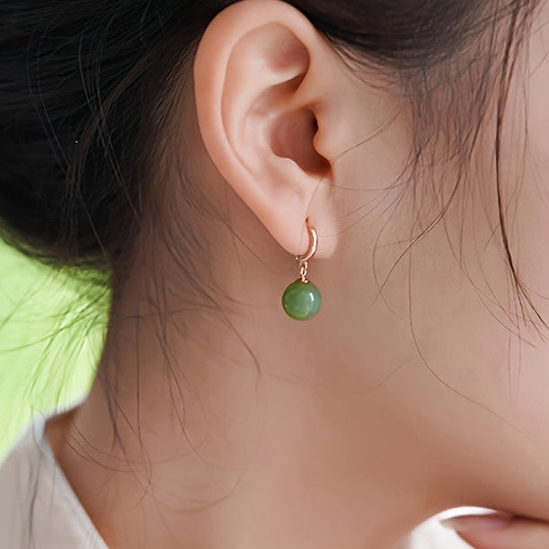 Natural Stone Earrings - 9-10mm Green Round Stones with S925 Silver for Energy Balance & Harmony