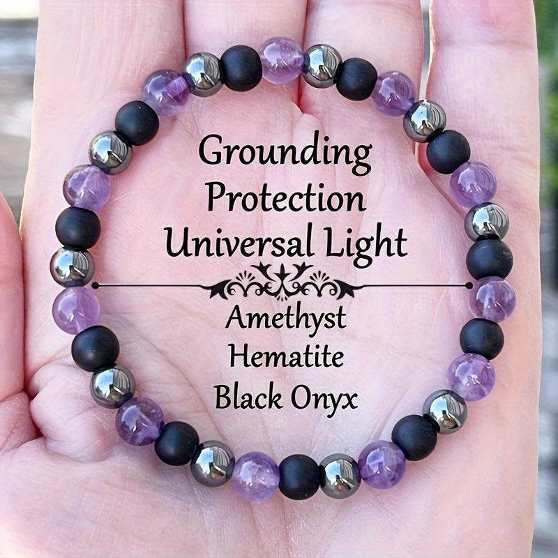 Grounding Protection Amethyst Hematite Bracelet - Spiritual Energy & Luck for Yoga Meditation