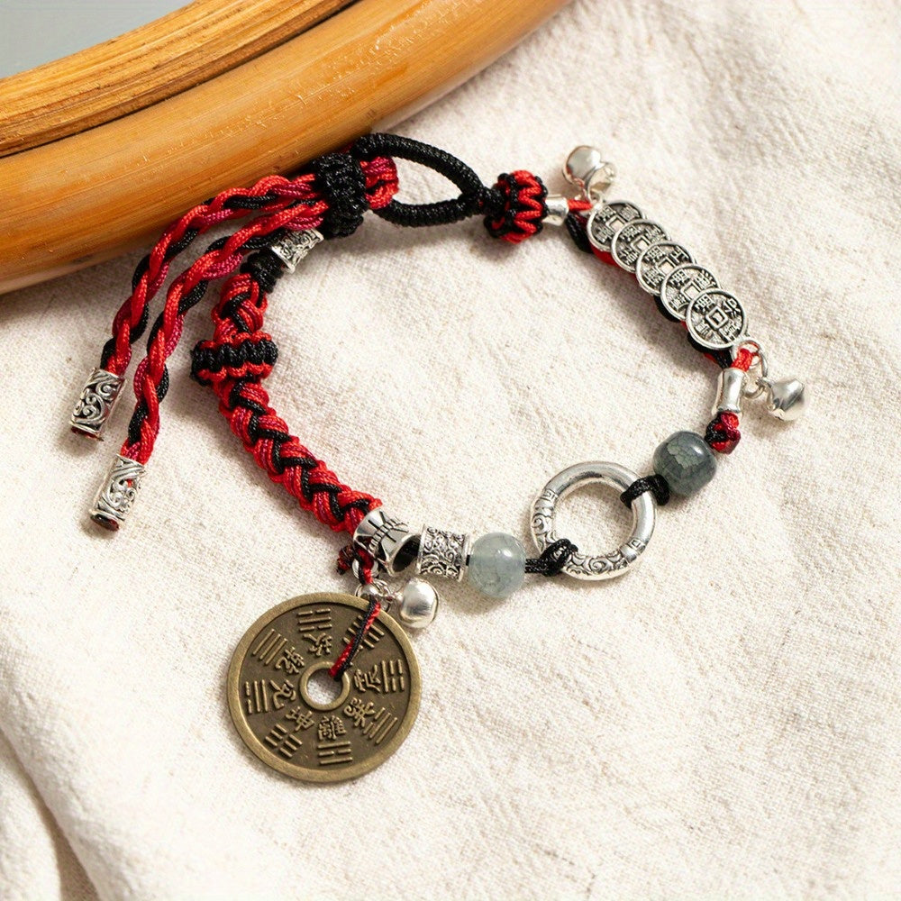 Vintage Chinese Red Rope Energy Bracelet with Feng Shui Coins & Protection Amulet – Wealth, Harmony & Spiritual Balance