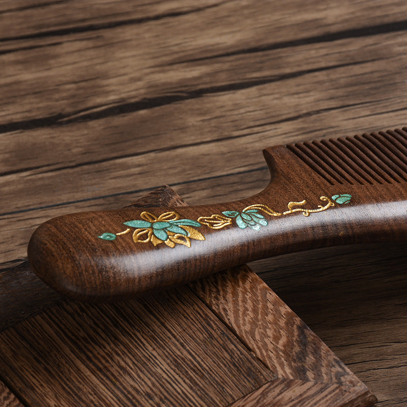 Black Golden Sandalwood Comb - Natural Handmade Massage Tool for Hair Care & Relaxation