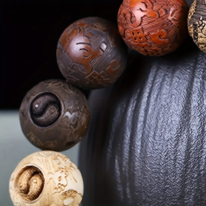Elegant Hand-Carved Wooden Character Beads Bracelet - Unisex Good Luck Wealth Bracelet with 12 Beads | Natural Energy Enhancement & Spiritual Protection