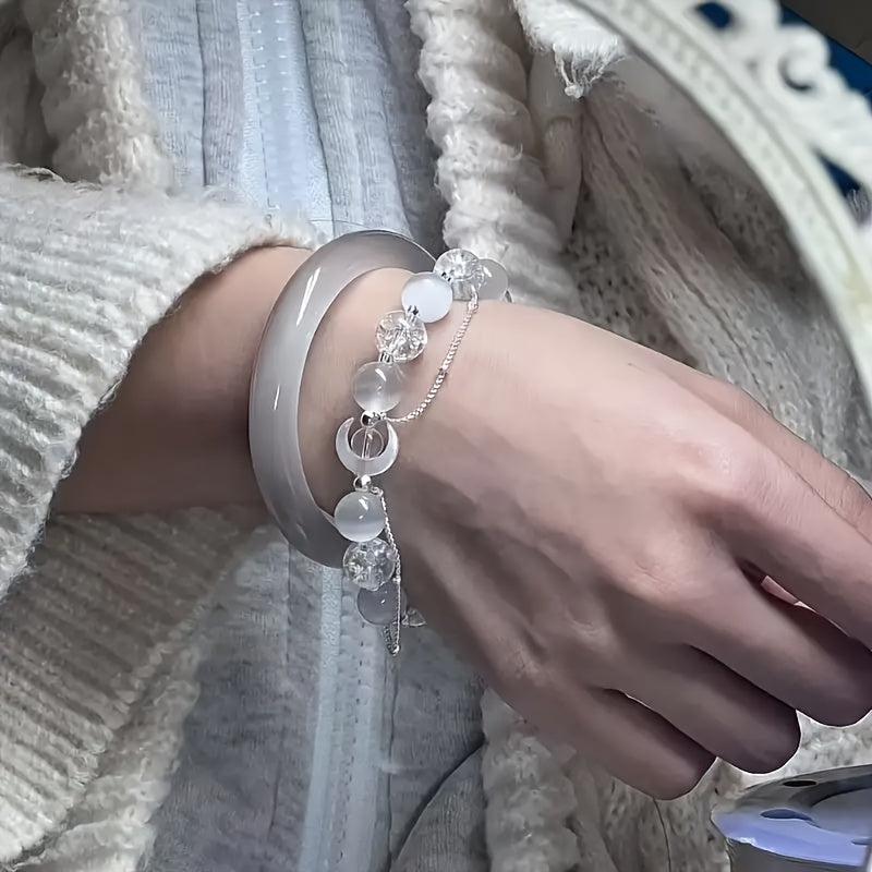1pc Moon Bell Pendant Bracelet - Bohemian Style with White Glass Beads & Silver Chain for Spiritual Energy & Mindful Living