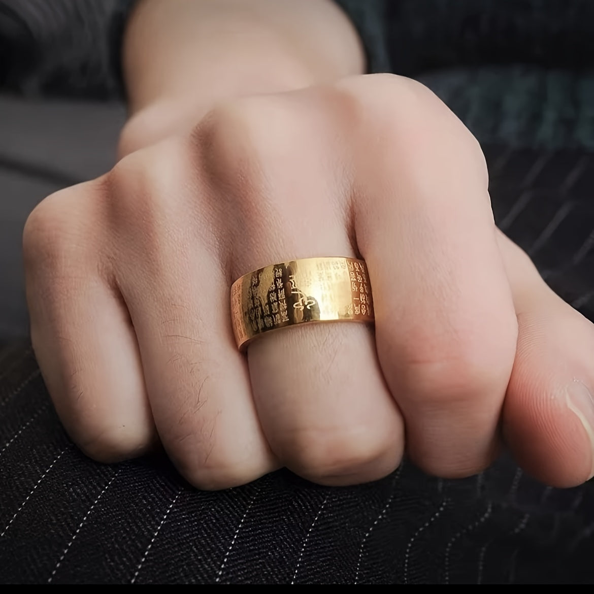 Dominant Good Luck Titanium Steel Ring - Enhance Luck with Heart Sutra Engraving