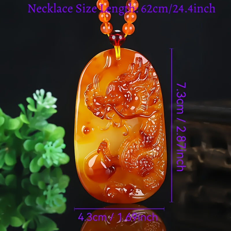 Natural Amber Dragon Pendant Necklace for Men - Uncoated Baltic Amber with Red Beads, Spiritual Protection & Masculine Energy