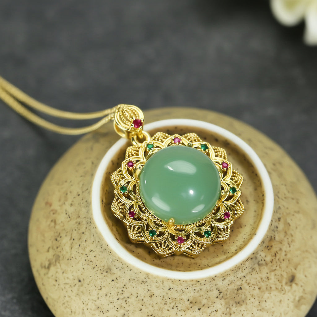 Elegant Natural Stone Filigree Pendant Necklace for Positive Energy and Spiritual Harmony, Vintage Jewelry with Faux Gemstone
