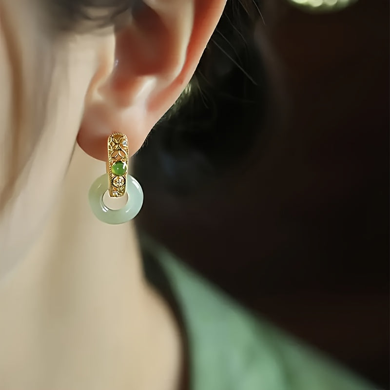 Elegant Chinese Hoop Earrings with Green Gemstone Accents - Year-Round Wear for Parties & Gifting