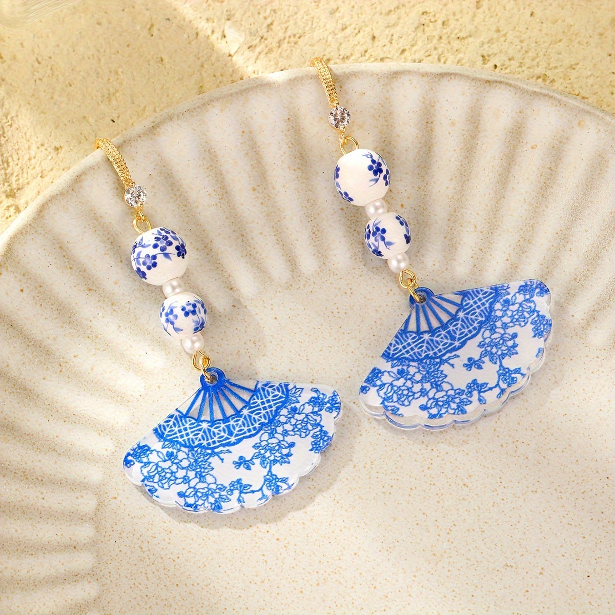 Vintage Blue & White Porcelain Fan Earrings - 925 Silver Posts for Harmony & Casual Elegance