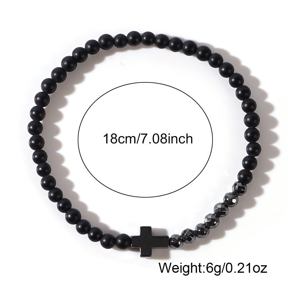 Vintage Boho Natural Stone Cross Bracelet - Handcrafted with Black & White Stones for Spiritual Balance & Daily Wear