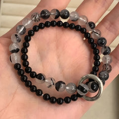 Chinese Style Double Ring Bracelet - Elegant Black & Clear Resin Beads with Silver Accents for Daily Wear & Gifting