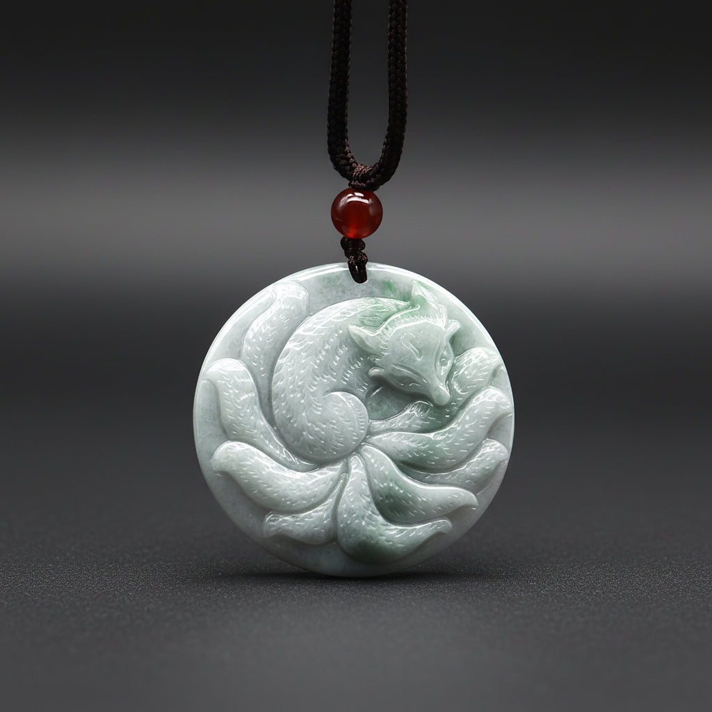 Natural Jade Nine-Tailed Fox Pendant — Mythical Guardian Stone for Wisdom, Protection, and Spiritual Transformation