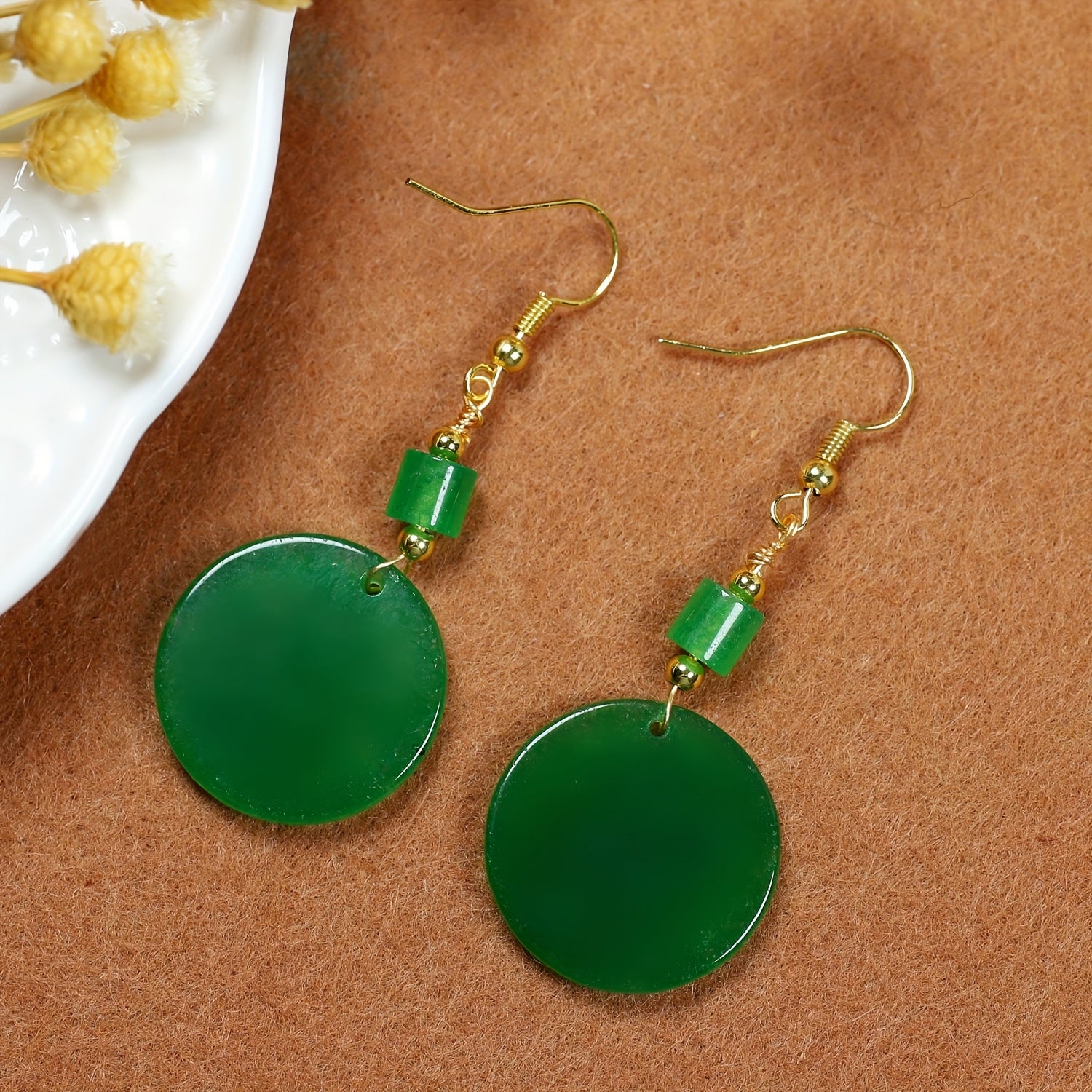 Natural Stone Round Earrings - Elegant Green Gemstone Dangle with Golden-Tone Metal for Parties & Valentine's Day