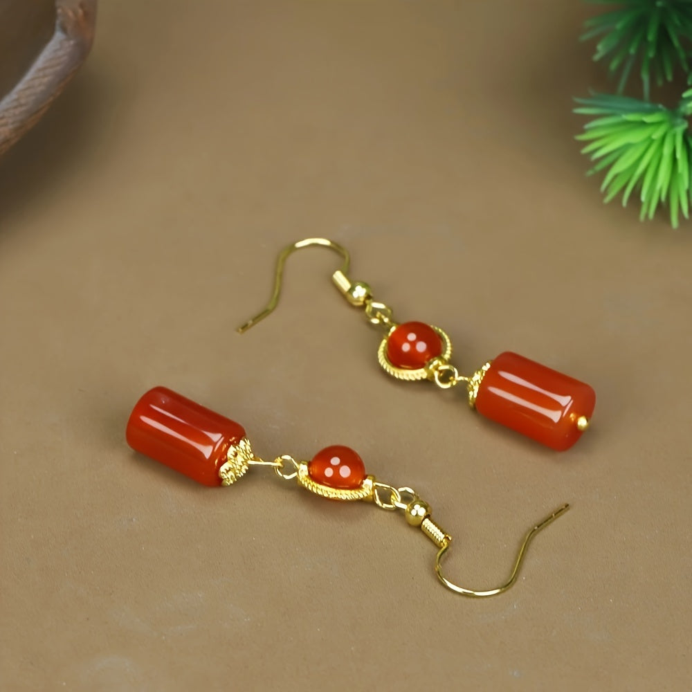 Red Agate Zodiac Year Earrings for Vitality Protection Harmony and Retro Chinese Style Energy Jewelry