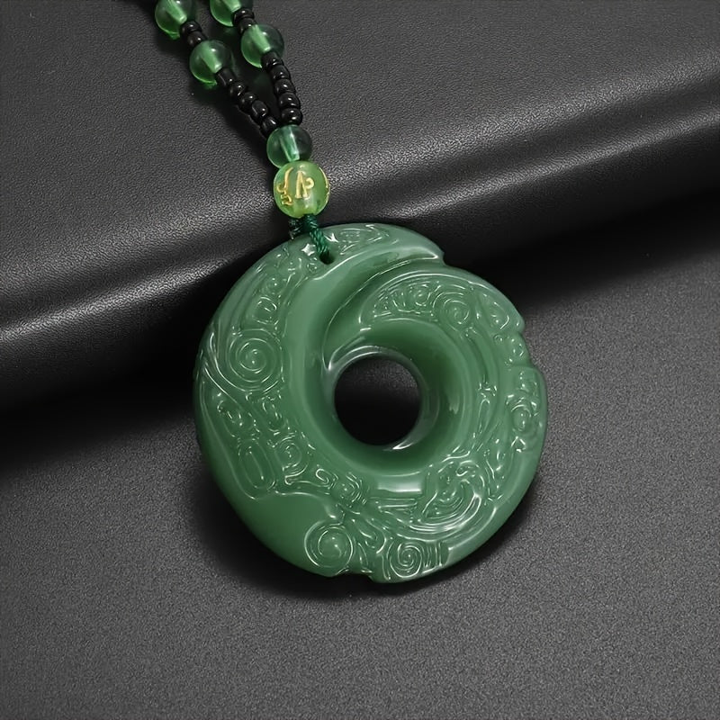 Elegant Green Crescent Moon Pendant Necklace - Unisex Amulet for Prosperity & Protection