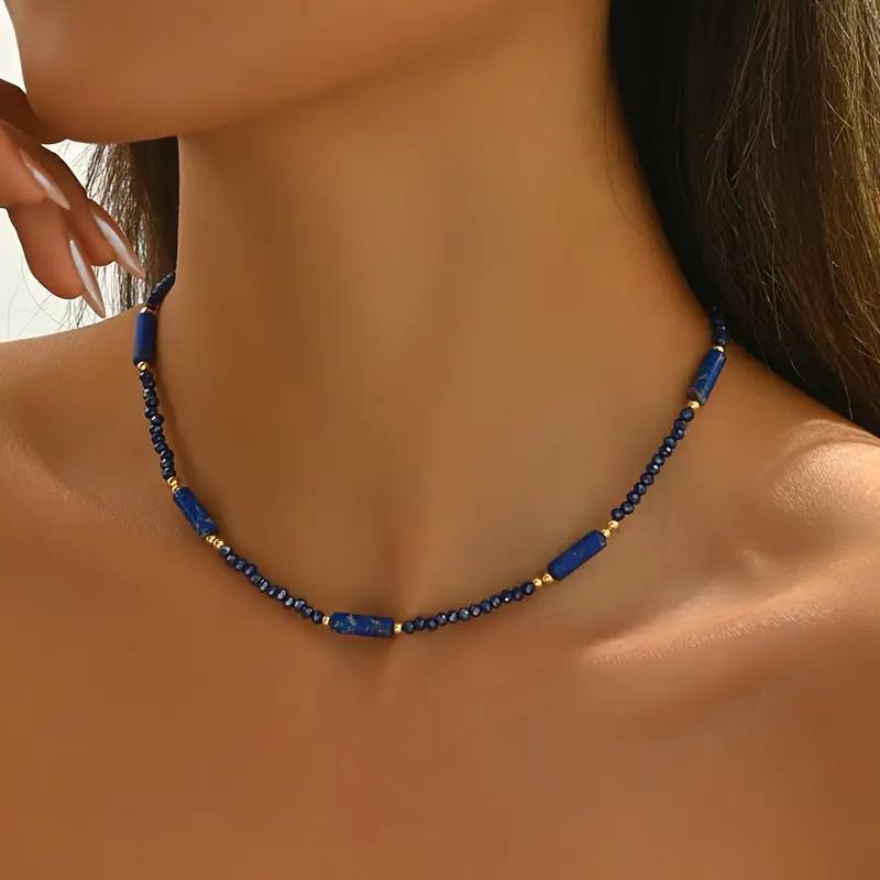 New Retro Luxury Bohemian Beach Resort Necklace - Smooth Blue Cylindrical Stone Beads with Metal Tail Chain for Mother's Day Gift