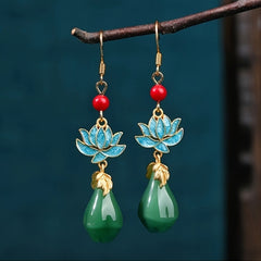 Vintage Tribal Blue Lotus Earrings - 24K Gold Plated Copper with Red Bead & Green Teardrop for Spiritual Harmony & Elegant Wear