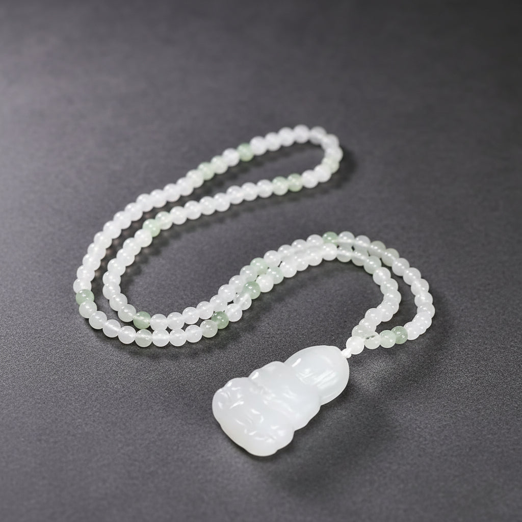 Floral Guanyin Peace Sign Pendant - Compassion & Protection Stone Necklace with Natural Patterns