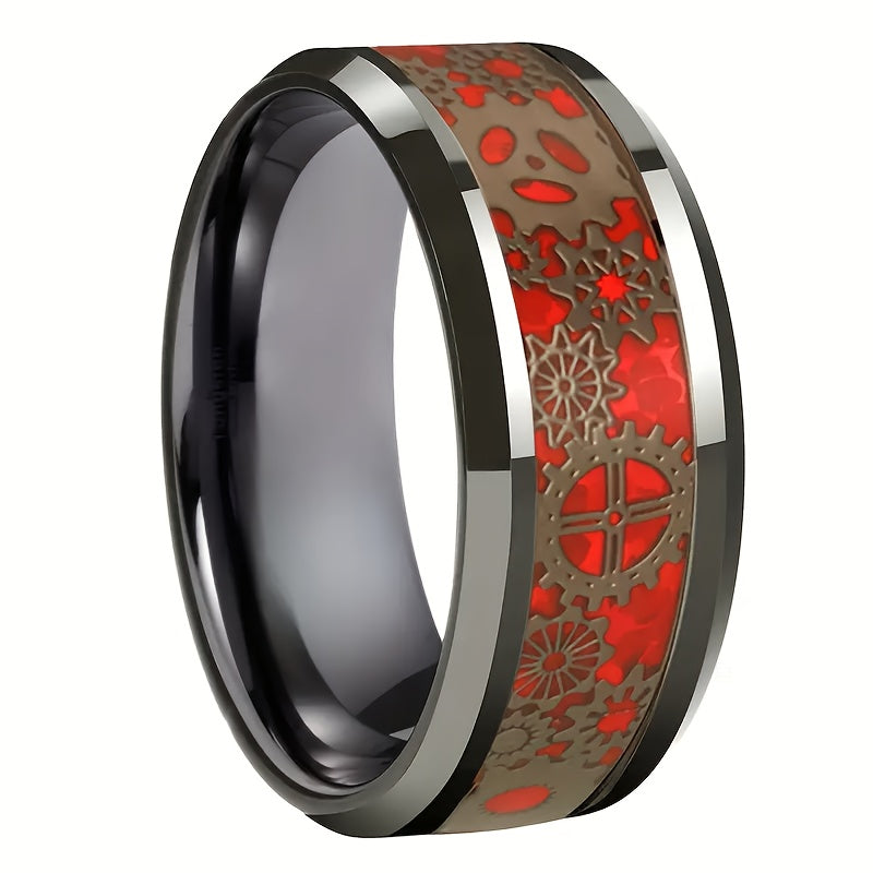 Bold Red Mechanical Punk Gear Ring - Stainless Steel Men's Fashion Statement for Energy & Style