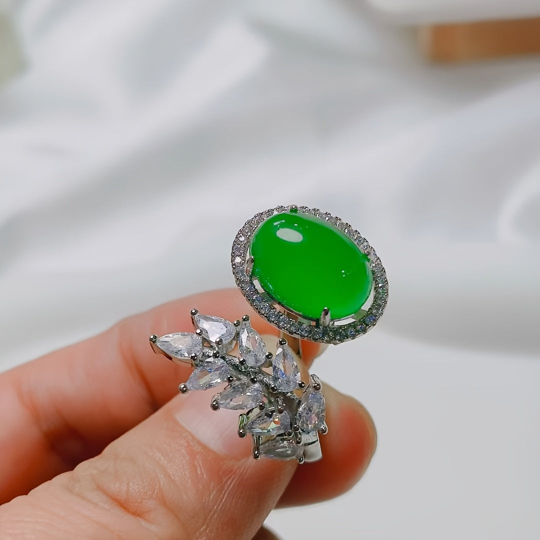 Elegant Emerald Green Agate Ring with Leaf Design for Balance & Vitality Women's Fashion Jewelry