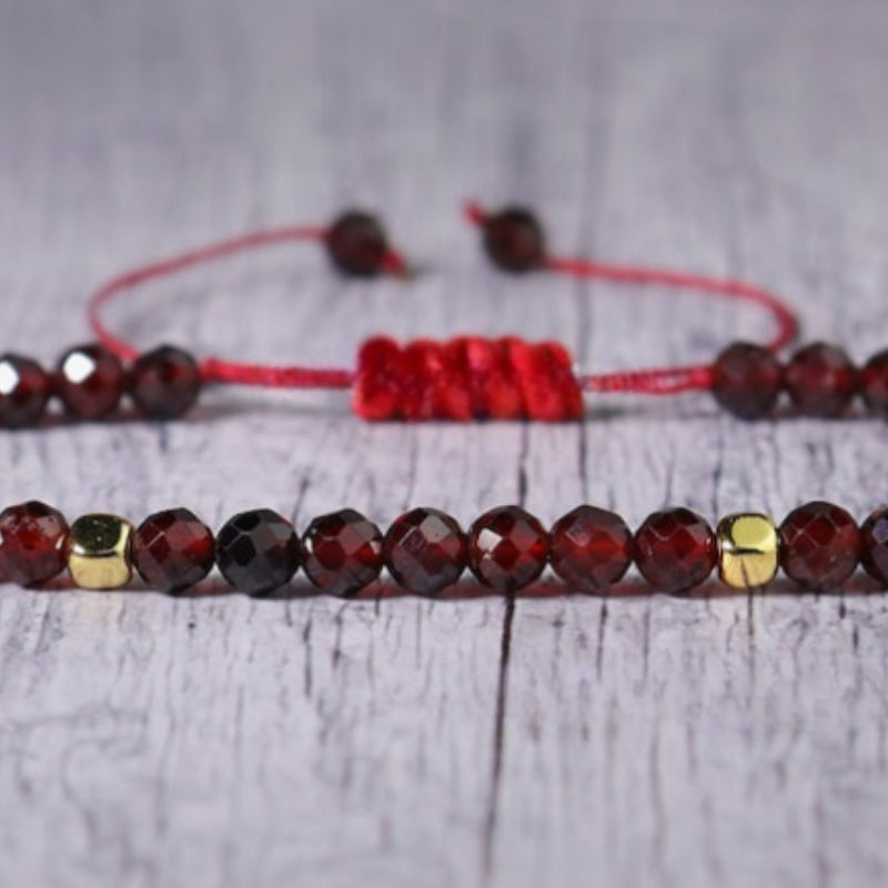 Women's Minimalist Braided Bracelet - Natural Garnet Stone Jewelry with Red Accent