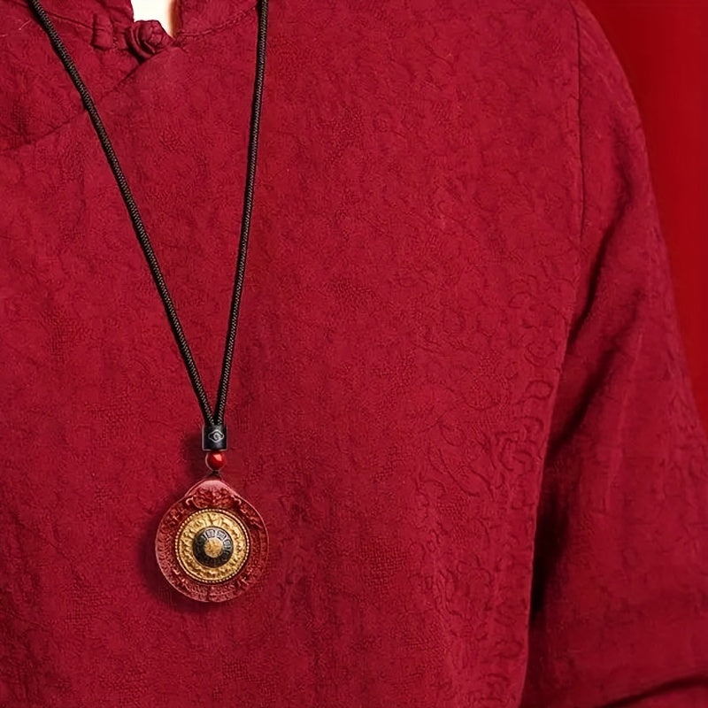 Boho Style Cinnabar Stone Eight Trigrams Pendant Necklace - Tibetan Amulet for Good Fortune & Protection
