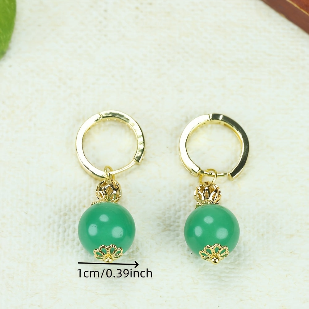 Natural Apple Green Peace Bead Earrings for Harmony Energy Balance Retro Gold Hoop Jewelry