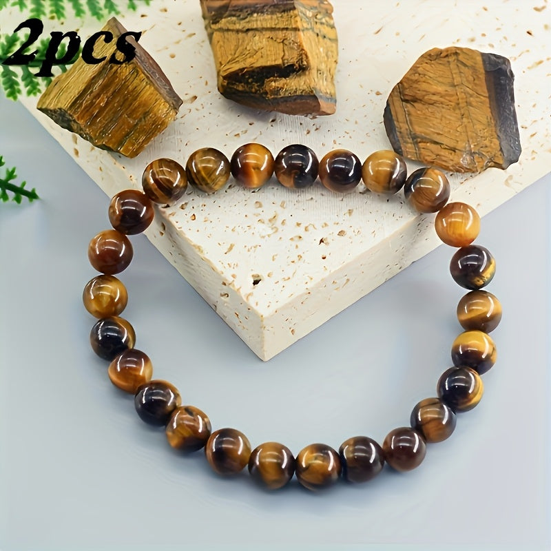 2pcs Mens Classic Tiger Eye Bracelet - Natural Stone for Protection & Grounding Energy