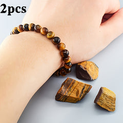 2pcs Mens Classic Tiger Eye Bracelet - Natural Stone for Protection & Grounding Energy