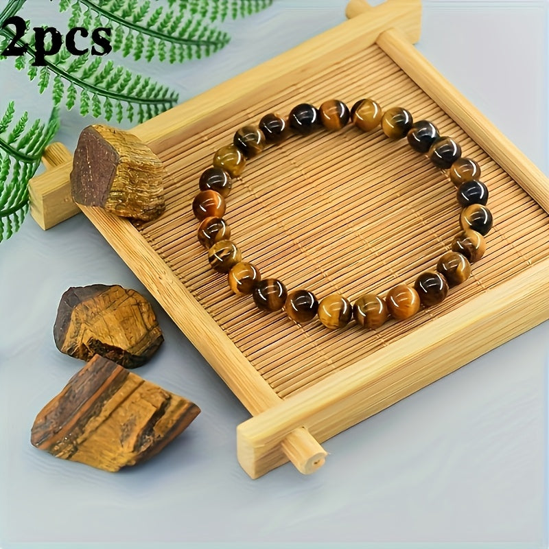 2pcs Mens Classic Tiger Eye Bracelet - Natural Stone for Protection & Grounding Energy