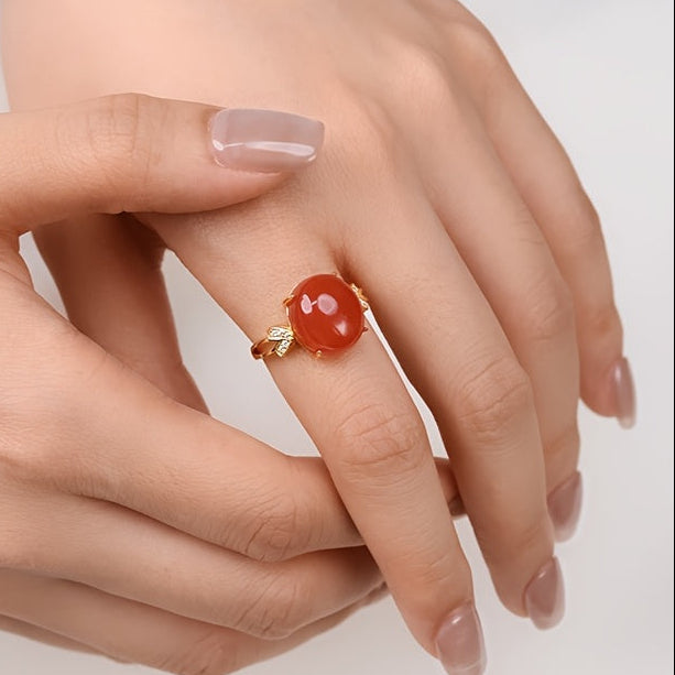 S925 Silver South Red Agate Ring Set - Adjustable Harmony Talisman for Daily Elegance