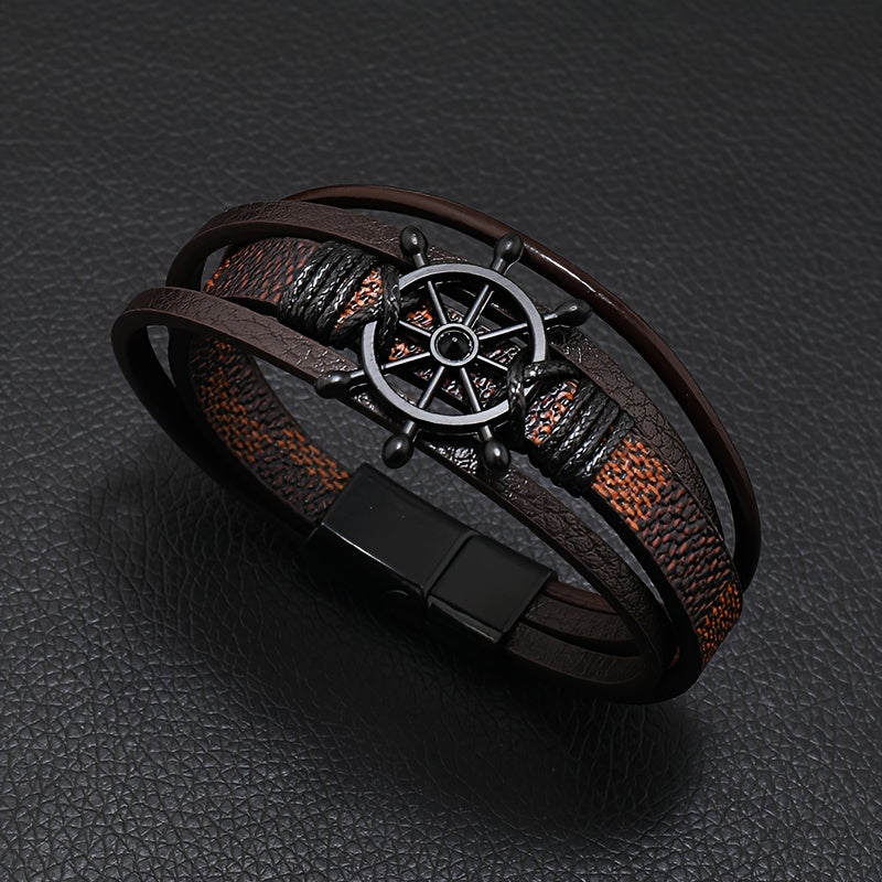 Retro Men's Magnetic Snap Rudder Bracelet - Fashion PU Alloy Energy Talisman