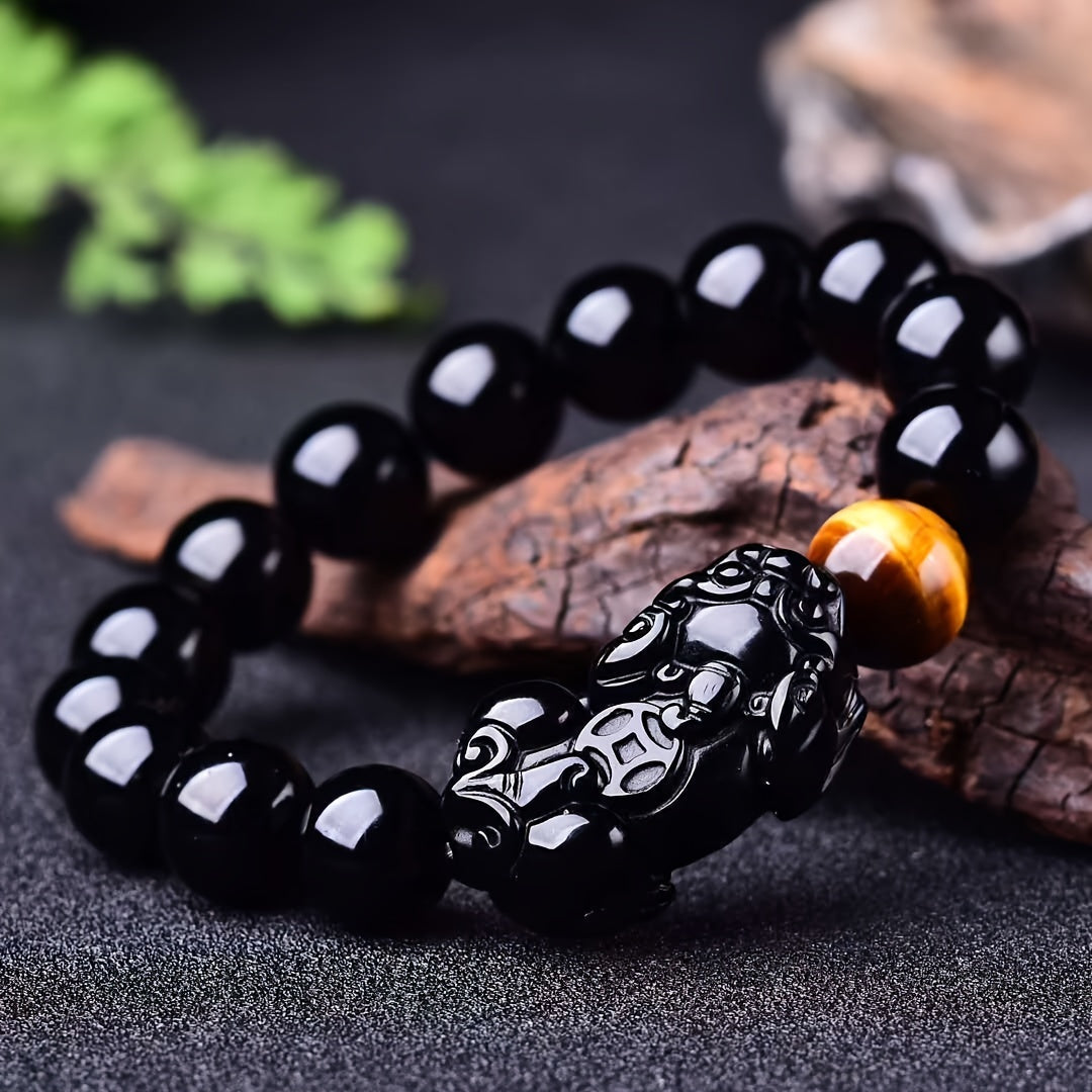 Cool Handsome Natural Obsidian Wealth Bracelet with Pixiu Tiger Eye Stone - Feng Shui Money Attracting Lucky Charm