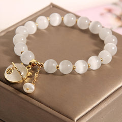 Healing White Opal Beaded Bracelet    Energy Balance, Emotional Harmony & Spiritual Protection1Pc Fashionable Opal Beaded Bracelet With Cat Pendant