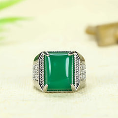 Vintage-Inspired Men's Green Agate Ring | Adjustable Square Statement Piece for Grounding & Prosperity