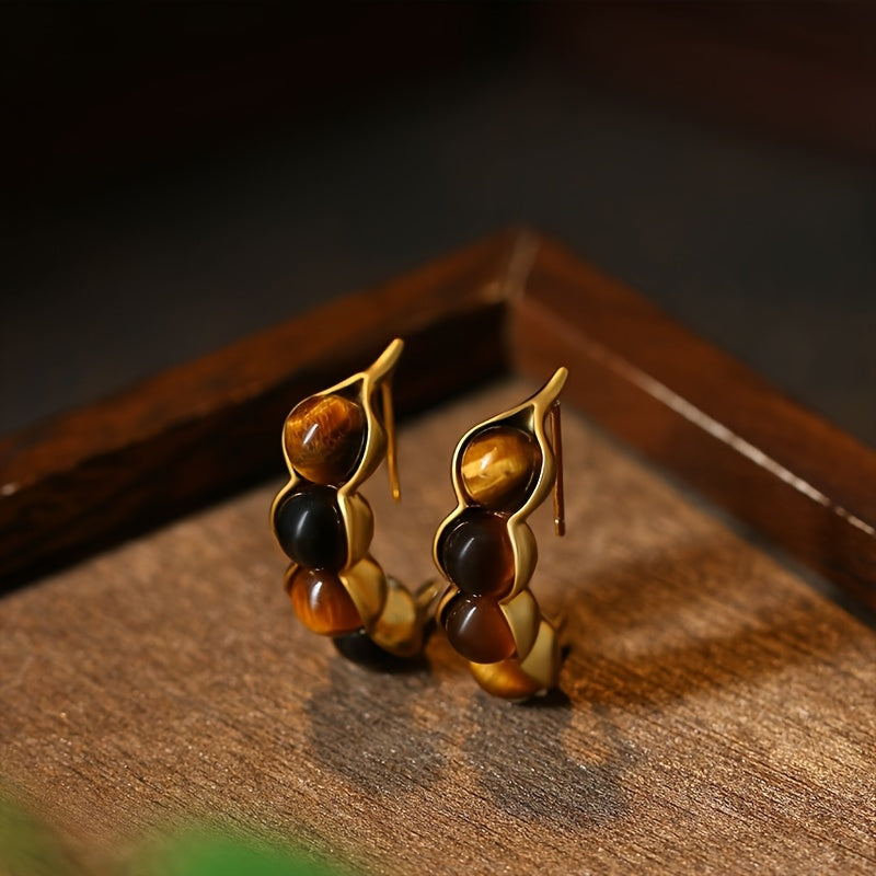 Natural Tiger Eye & Imitation Jade Earrings - Abstract Leaf Design with Healing Energy