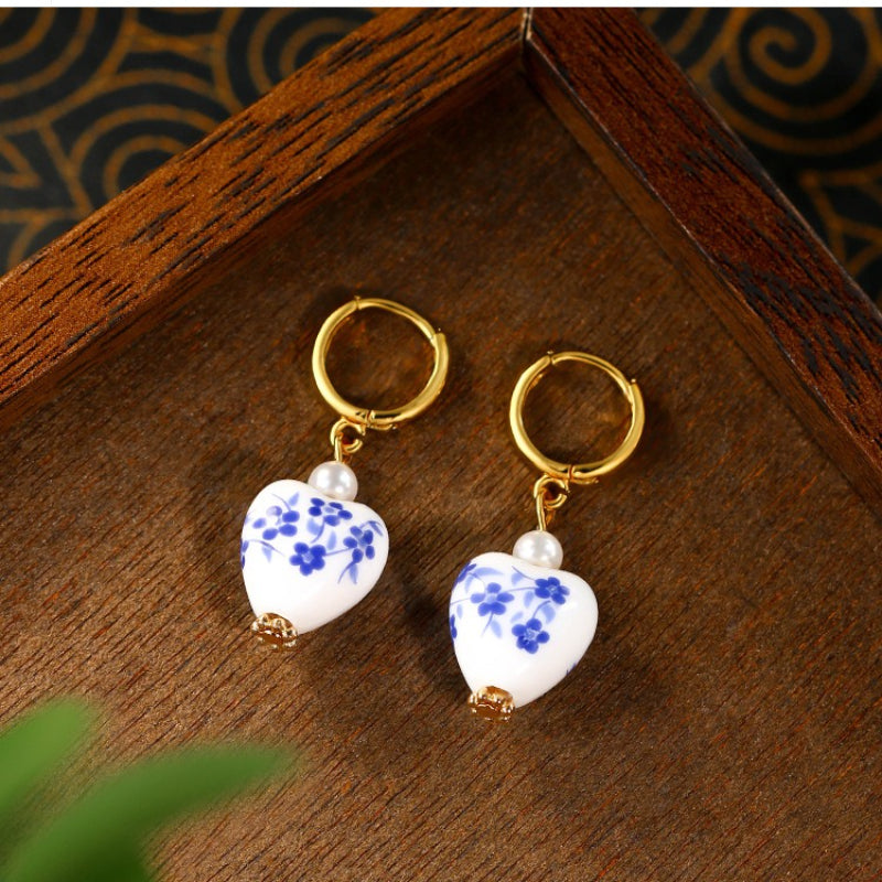 Women's Chinese Blue & White Porcelain Earrings - Vintage Asian-Inspired Drop Dangle for Elegant Party Wedding & Chinese New Year Gift