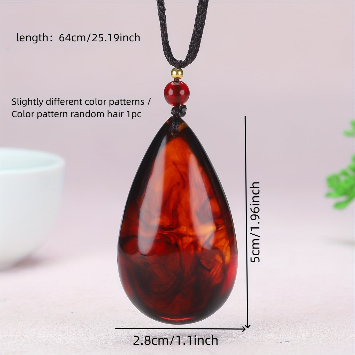 Vintage Amber Teardrop Pendant Necklace - Natural Bloodstone for Energy & Protection | Spiritual Jewelry with Ancient Wisdom