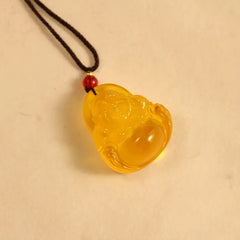 Golden Buddha Amber Necklace for Prosperity, Protection, and Spiritual Peace