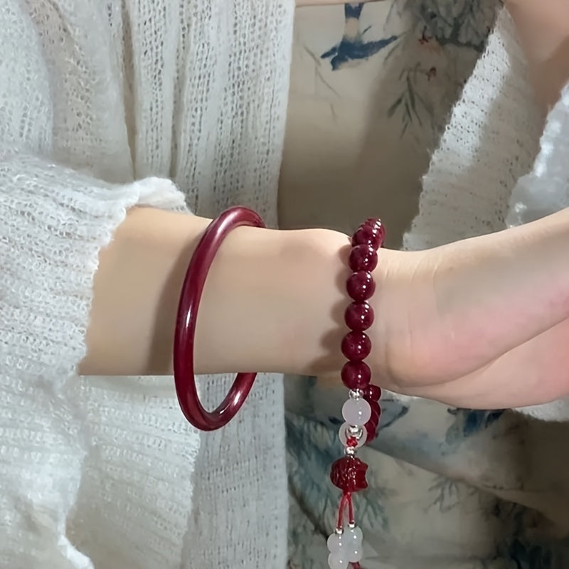 Vintage Chinese Lion Beaded Bracelet - Bohemian Style with Red & Clear Beads for Harmony & Prosperity