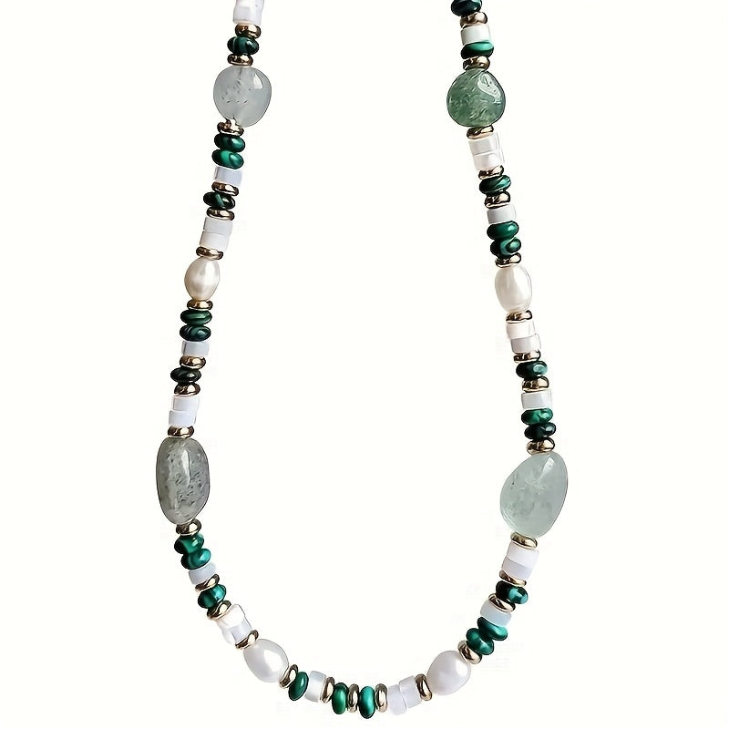 1pc Elegant Faux Pearl & Malachite Beaded Necklace - Green & White Freshwater Pearl Jewelry with Golden-Tone Accents for Spring-Autumn Fashion Accessories
